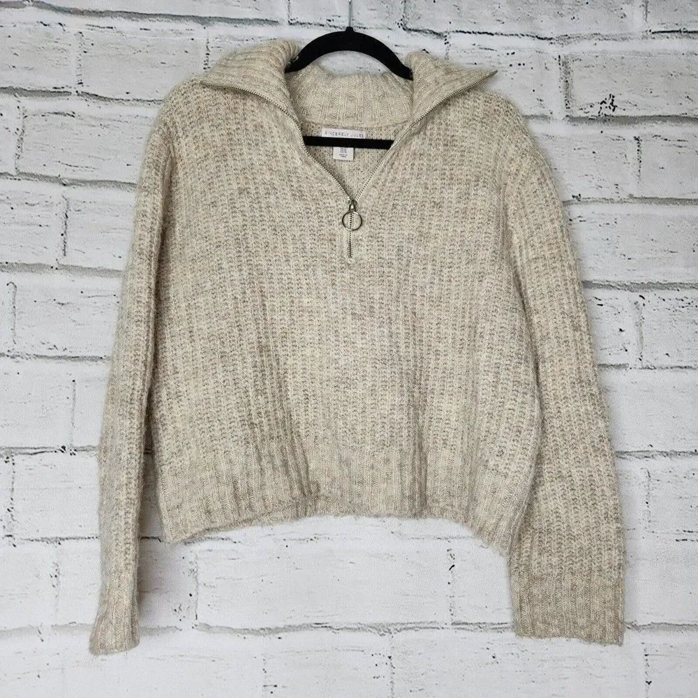 Sincerely Jules Cropped Beige Long-Sleeved Knit Sweater Zip Front Size Medium